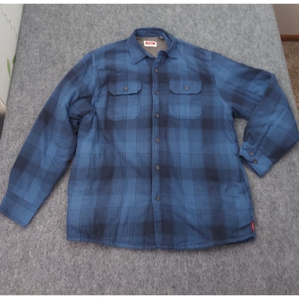 Wrangler Sherpa Lined Flannel Shirt Shacket Mens Medium Blue Plaid Button Front